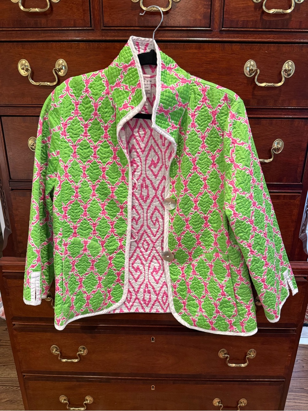 PATTY KIM Pink and Green Quilted Patterned Jacket Large Reversible